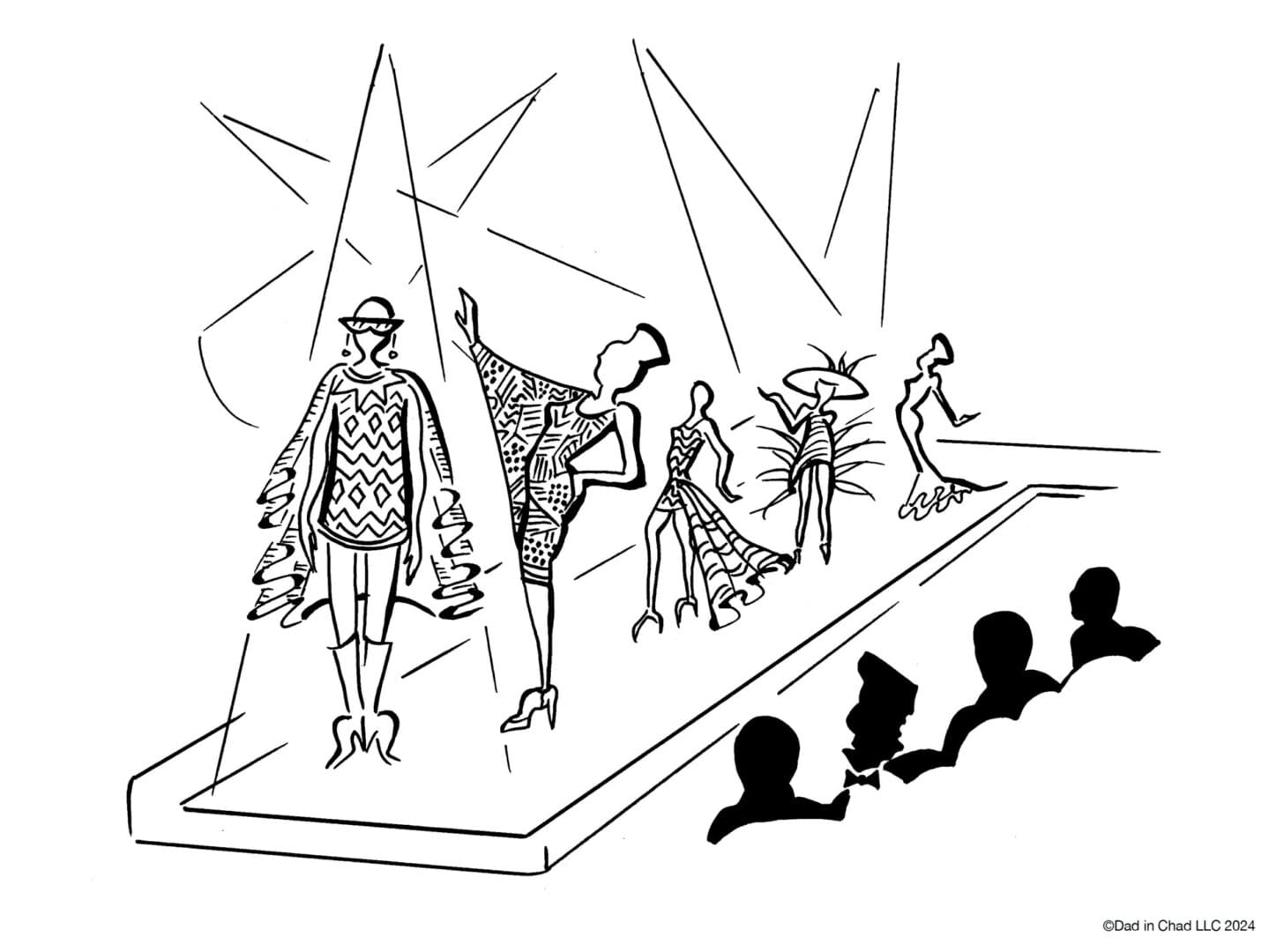 A black and white drawing of people on a runway.