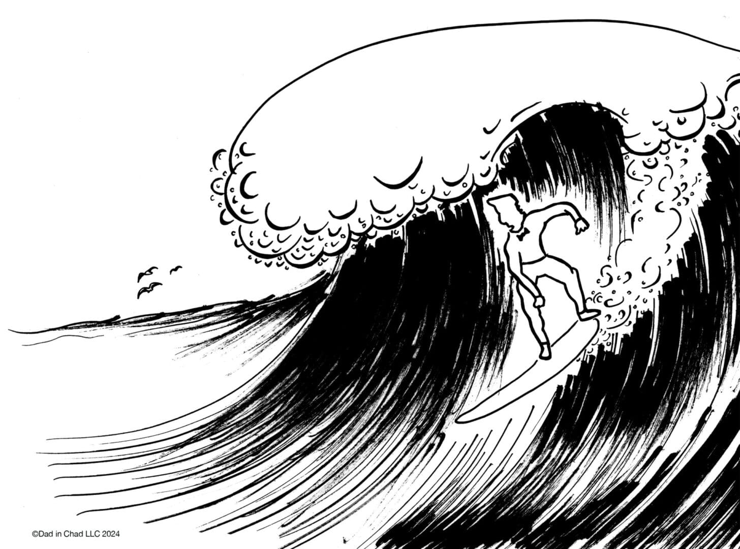 A black and white drawing of a person surfing