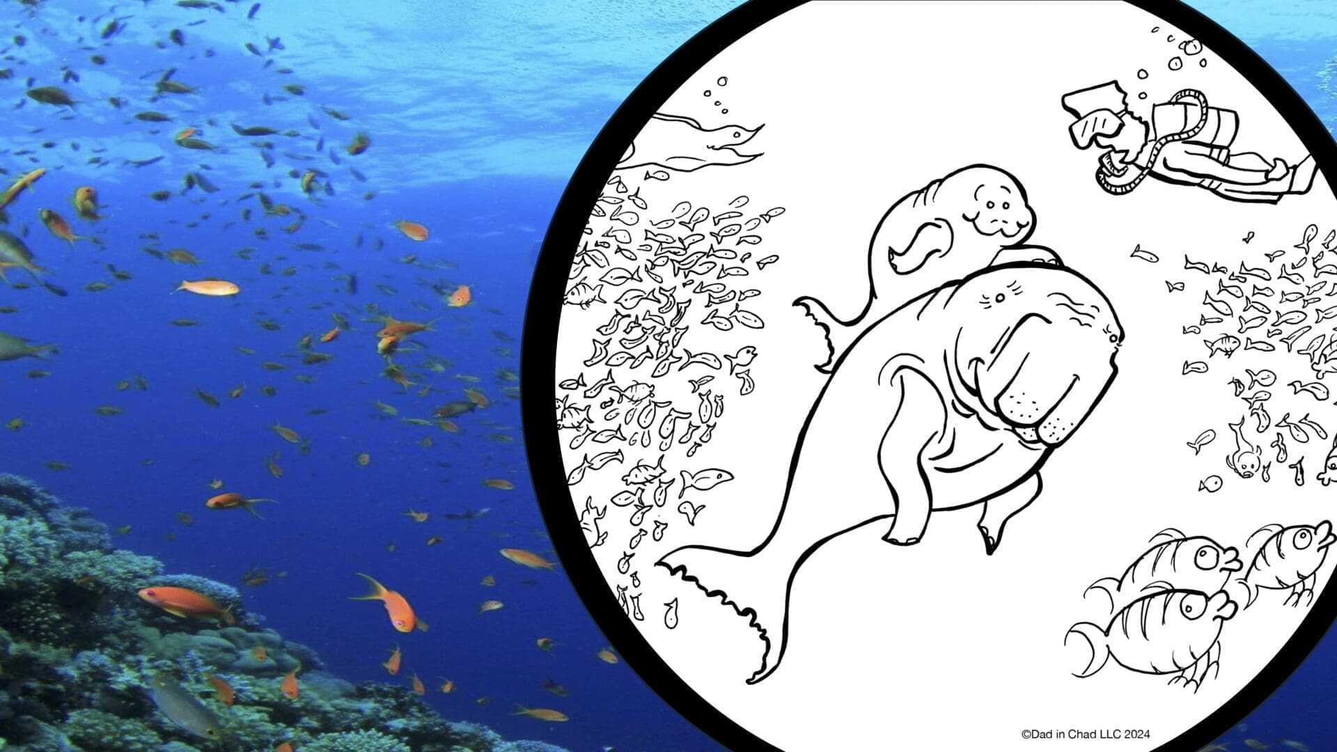 A black and white picture of an ocean with fish.