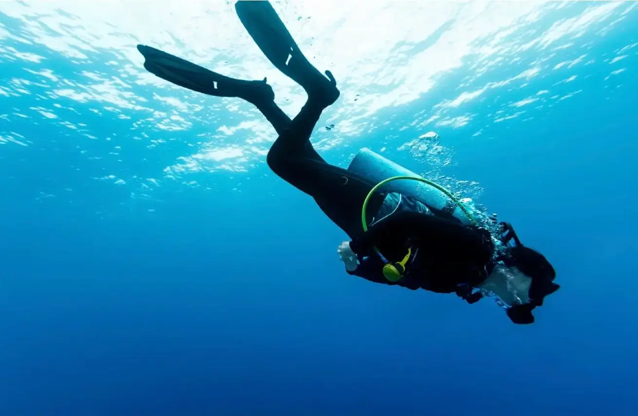 A scuba diver is swimming in the ocean.