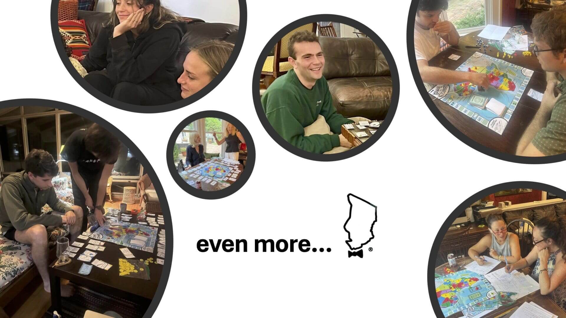 People playing board games together, smiling.