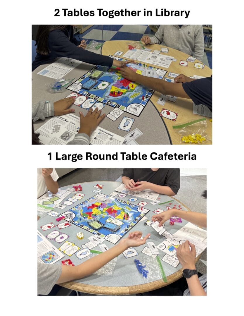 Students playing board games at tables.