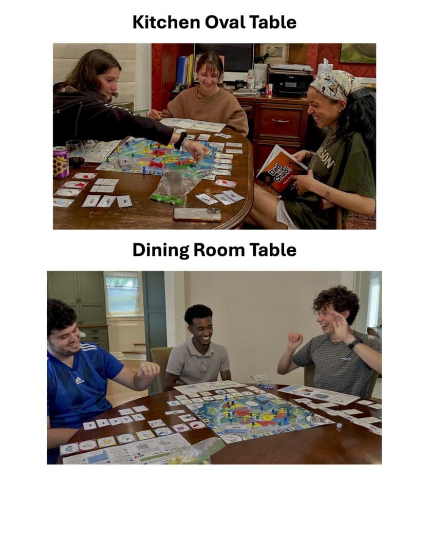 People playing board games at tables.